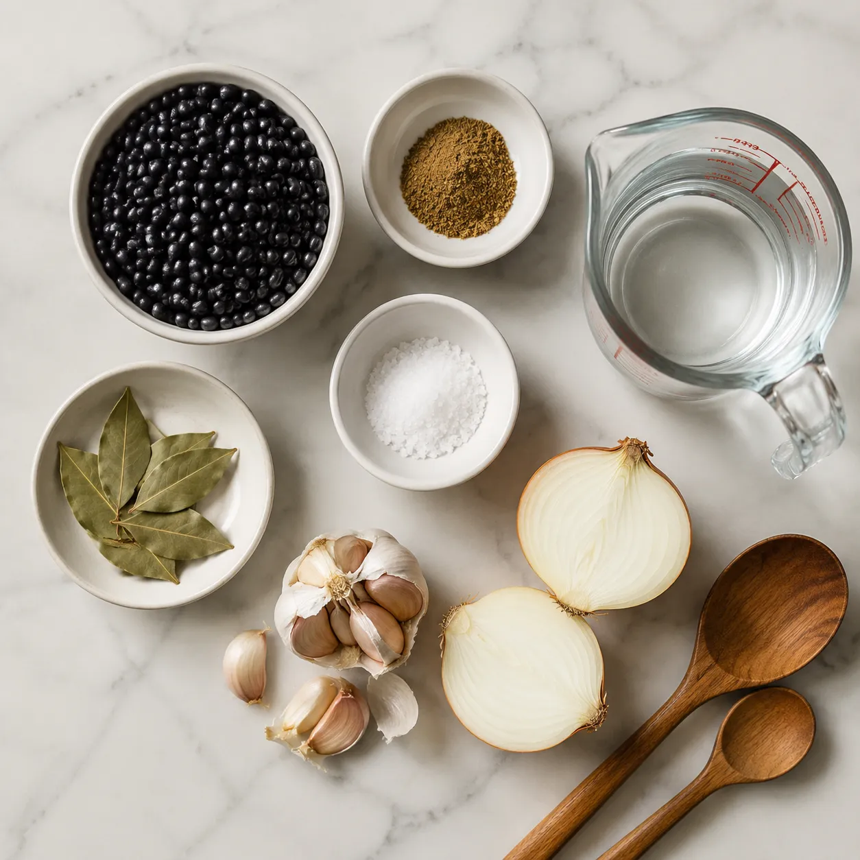 Ingredients for instant pot black beans laid out on a marble counter