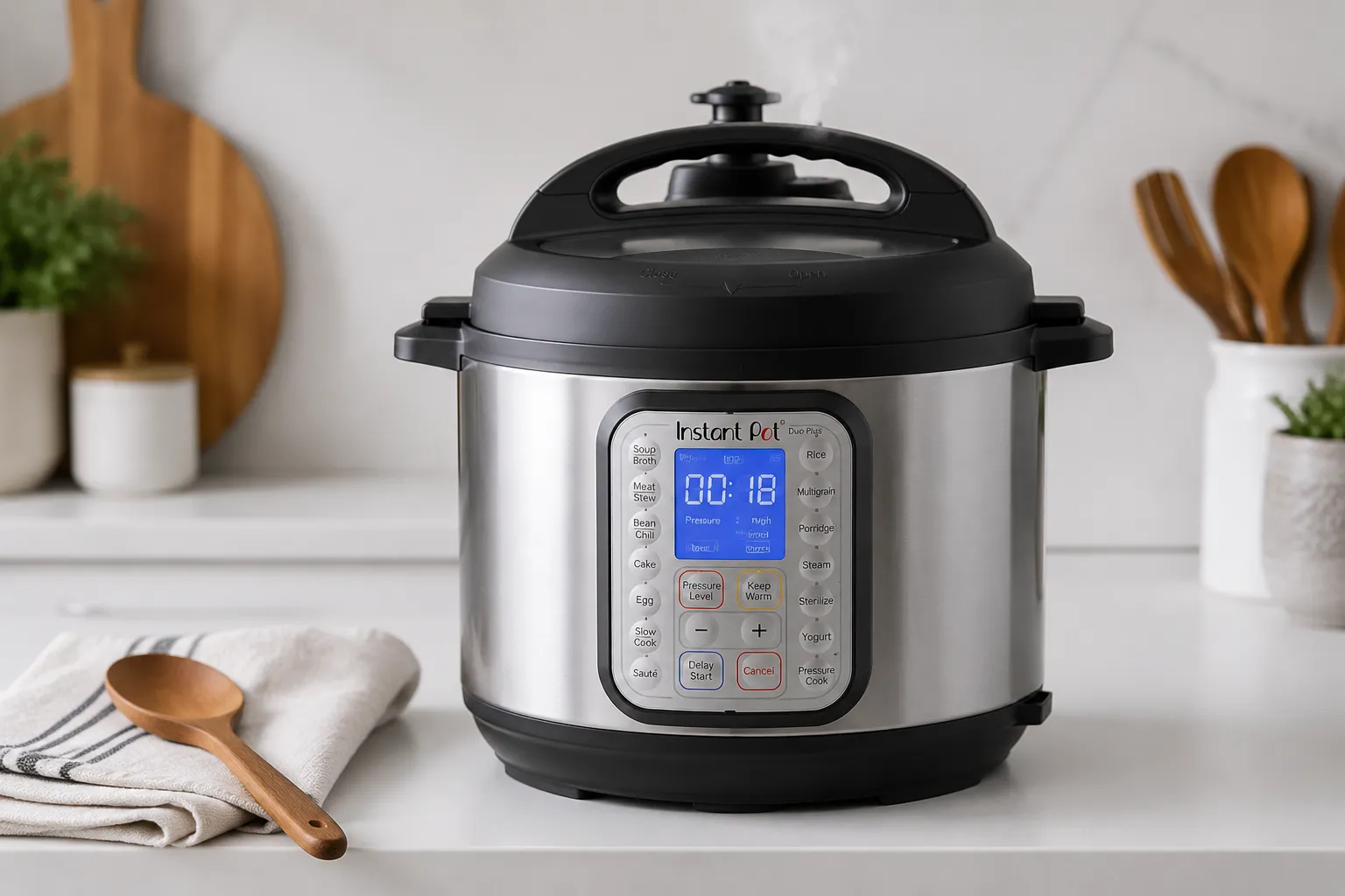 Instant Pot pressure cooking black beans on the counter