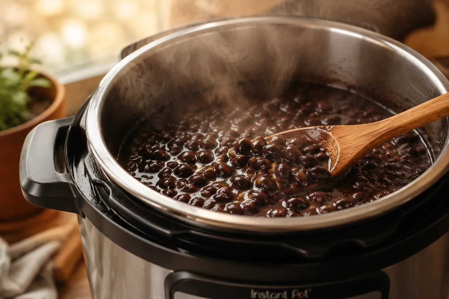 Finished tender black beans in the Instant Pot after pressure cooking