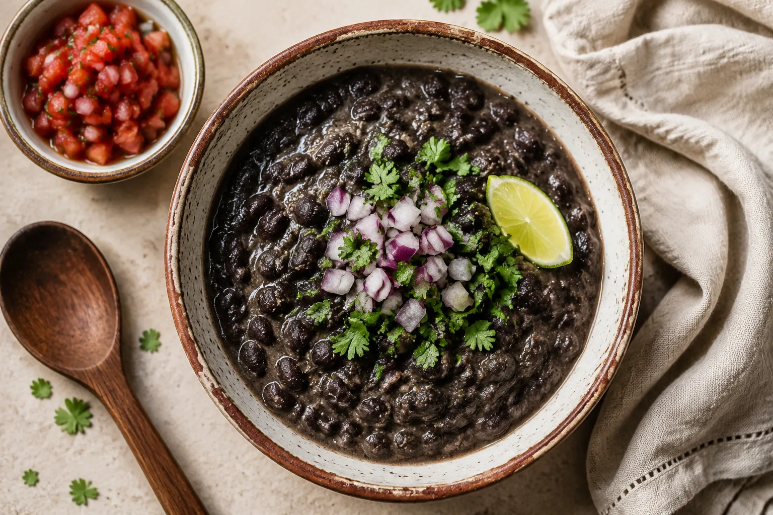 Bowl of cooked instant pot black beans topped with cilantro and lime