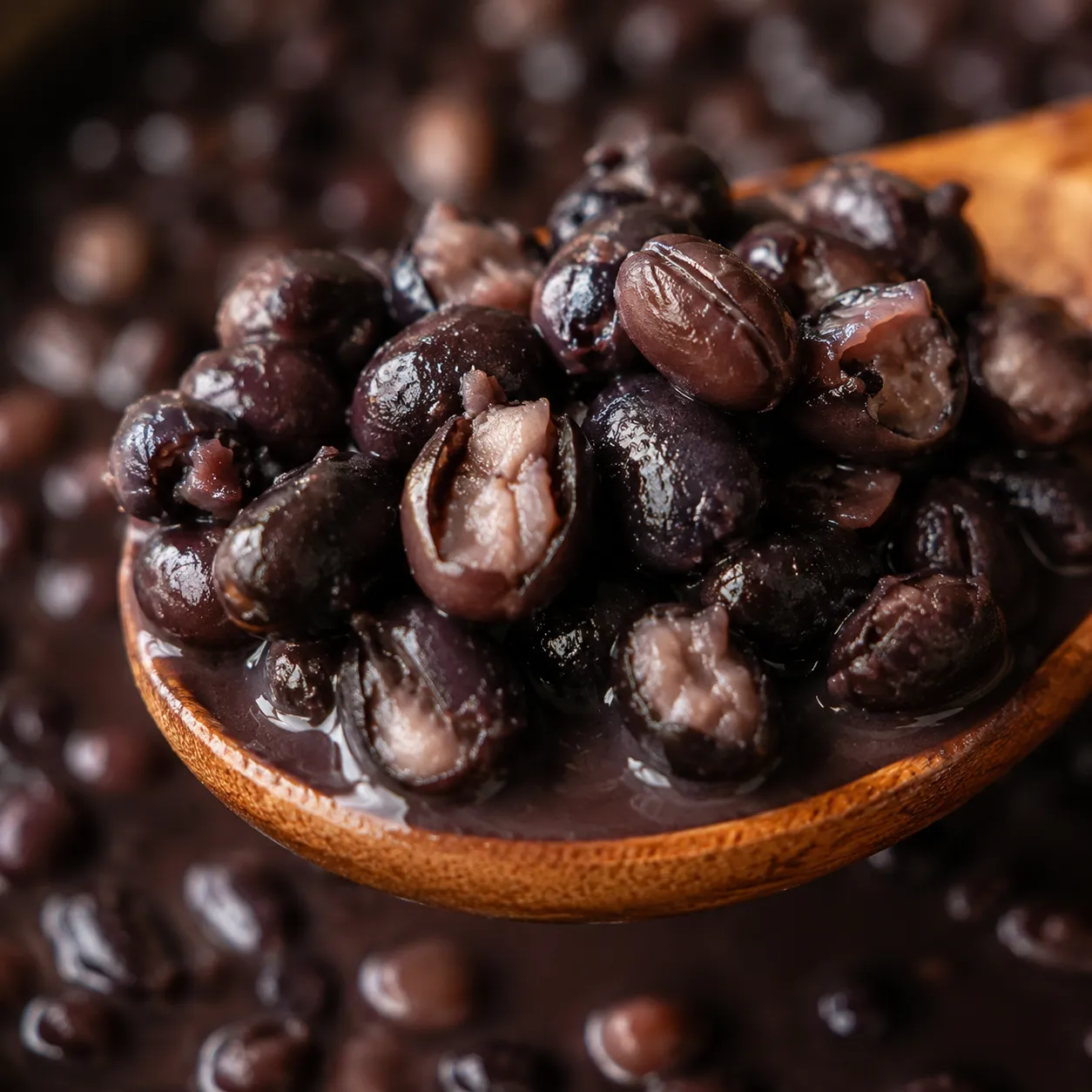 Close-up of creamy cooked black beans on a wooden spoon