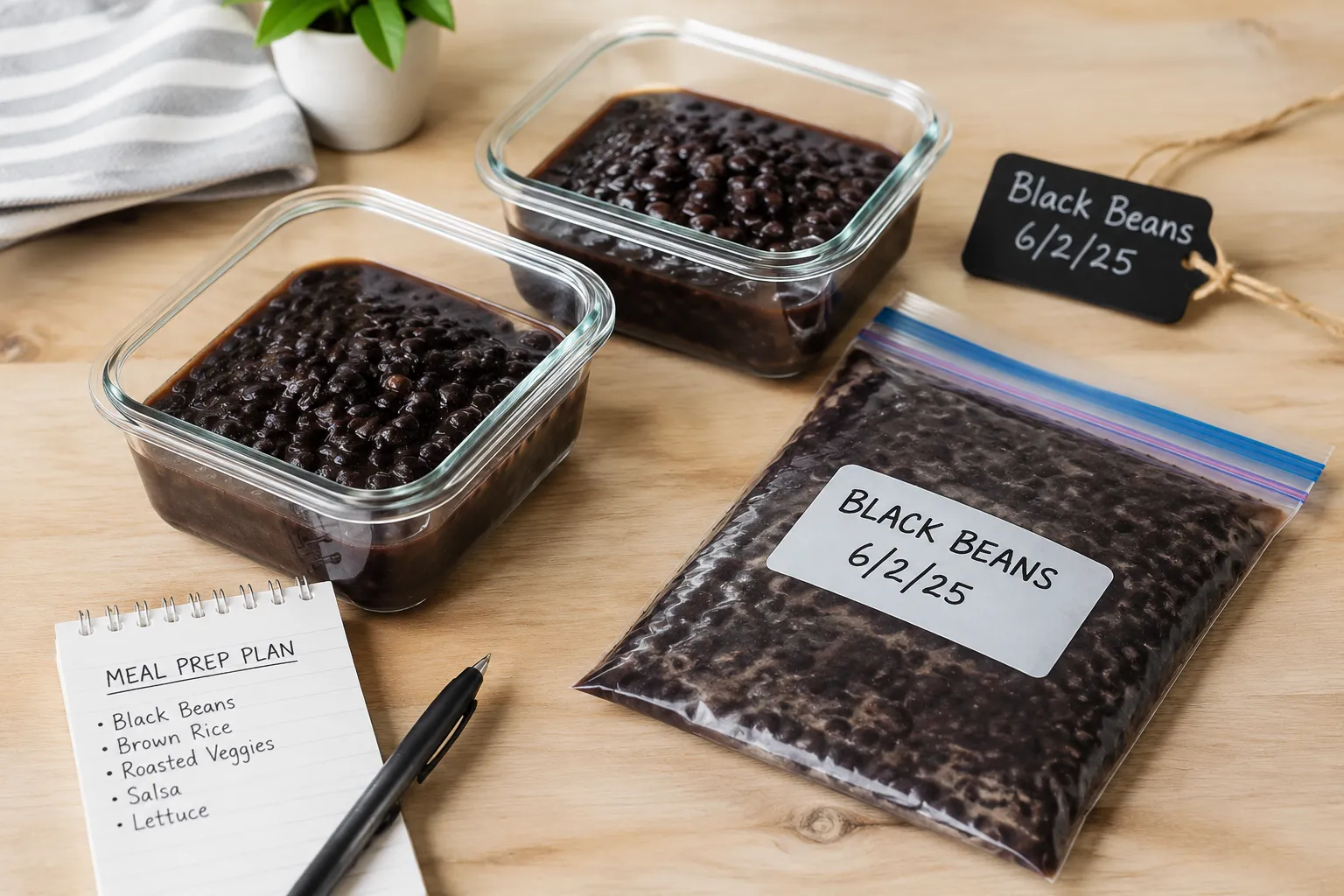 Cooked black beans portioned into containers and a freezer bag for storage