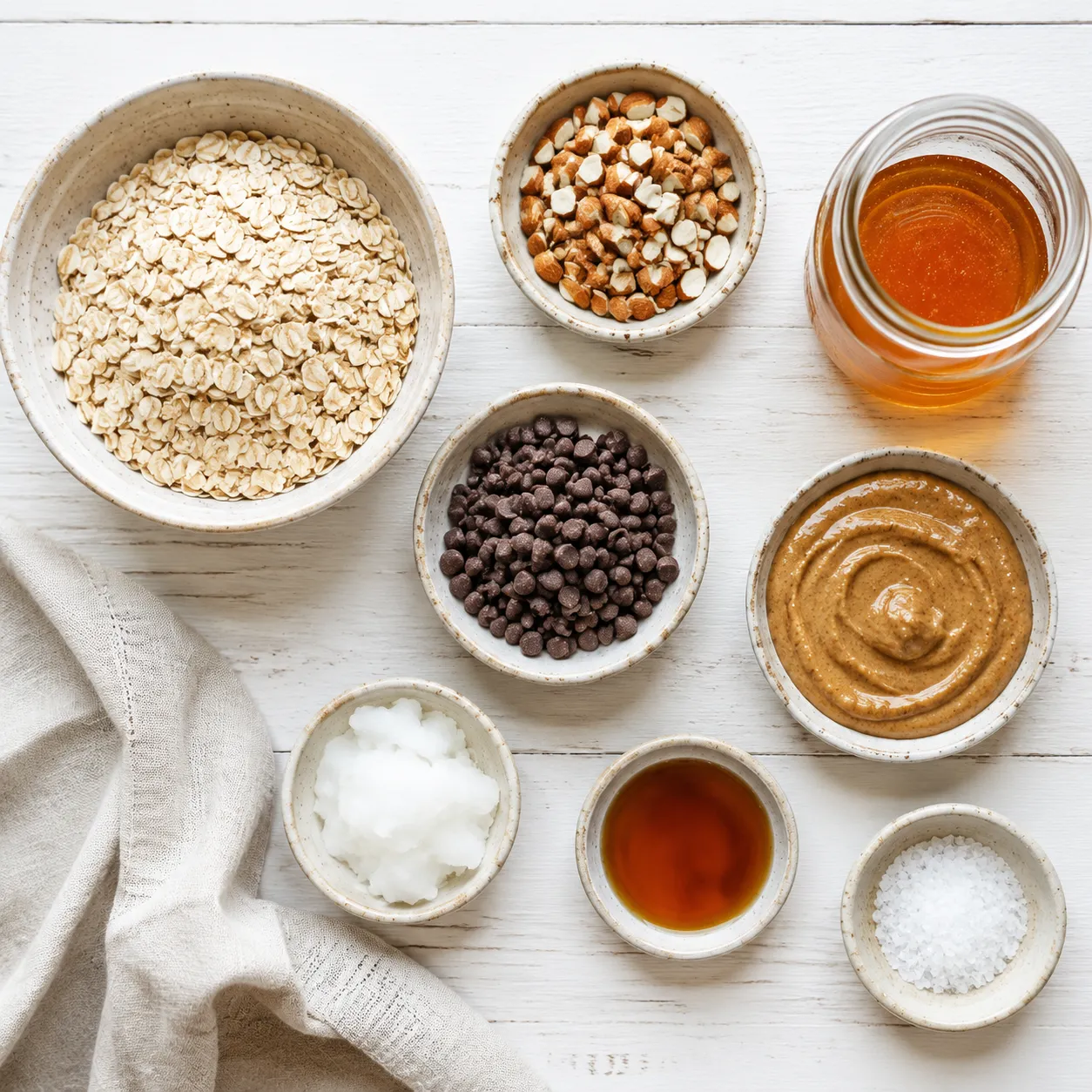 Granola bar recipe ingredients flatlay with oats almonds honey and almond butter