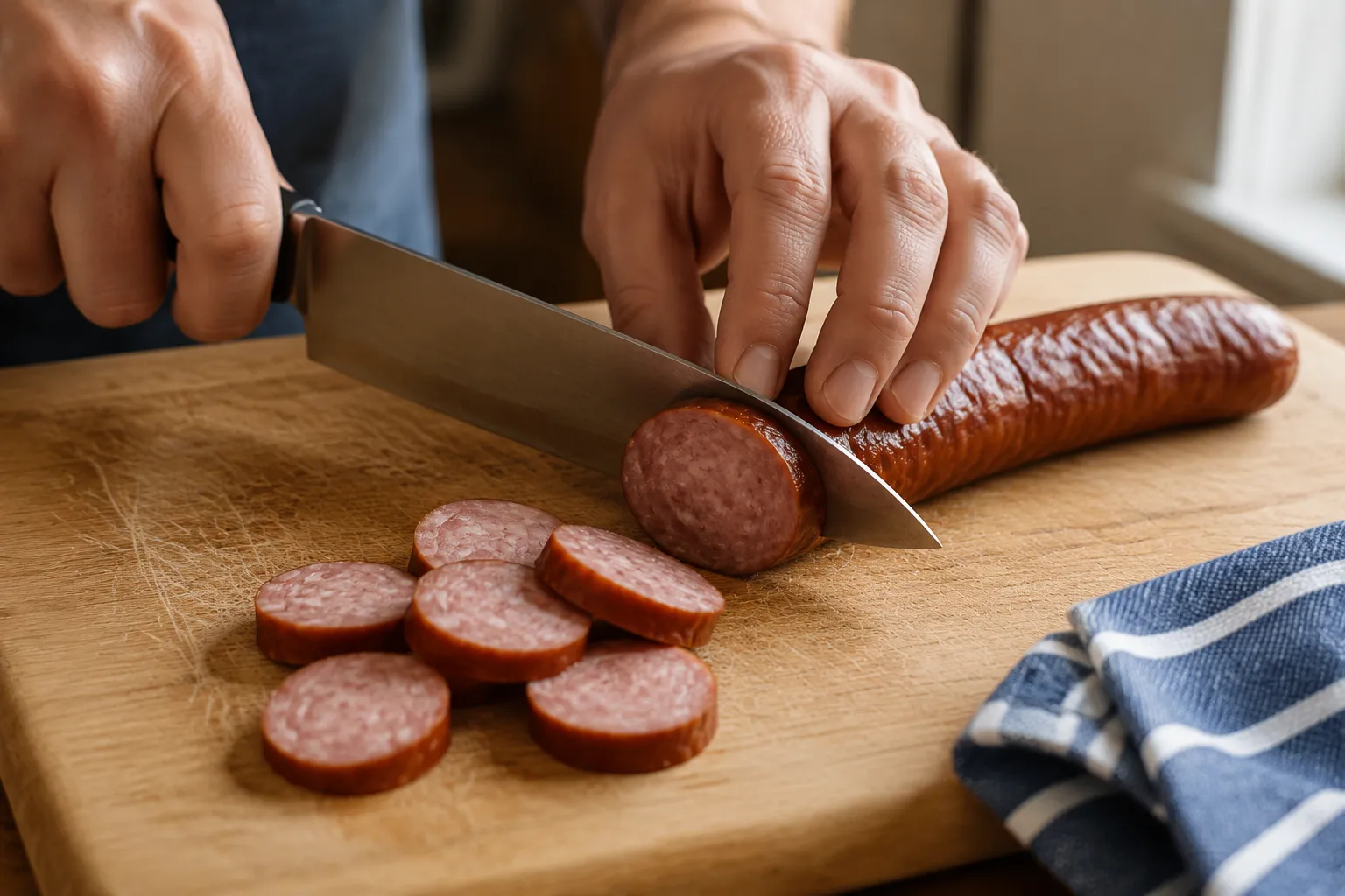 Slicing kielbasa into coins for an easy Polish sausage recipe