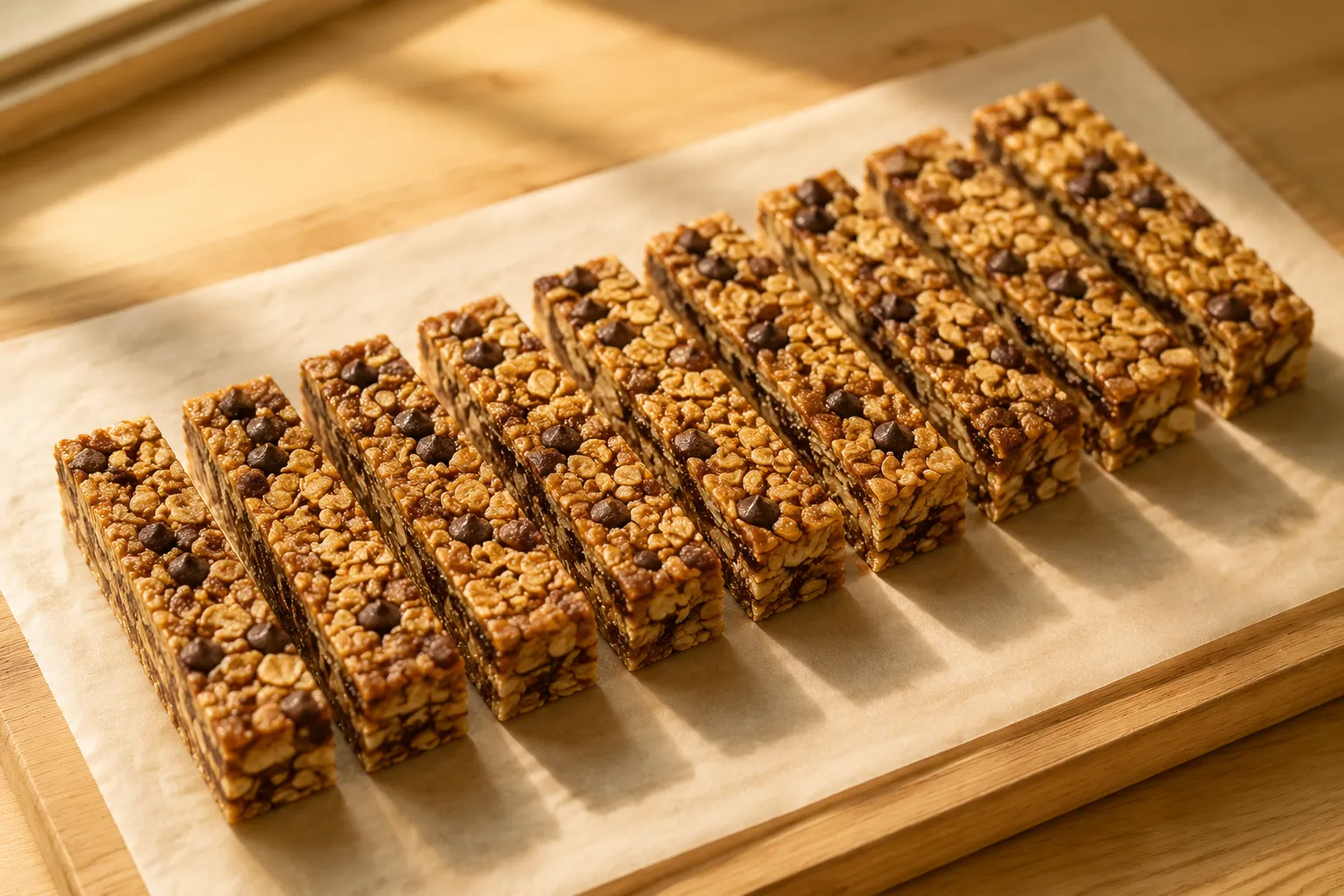 Sliced homemade granola bars lined up on parchment paper