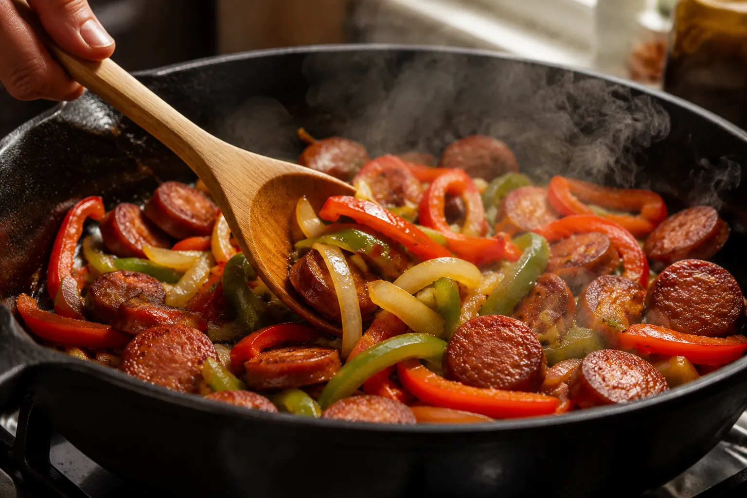 Stirring peppers and onions into Polish sausage skillet