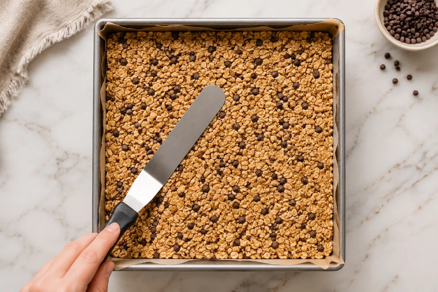 Pressing granola bar mixture into a square baking pan