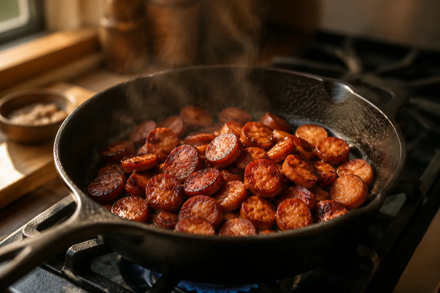 Searing Polish sausage in a cast iron skillet for caramelized edges