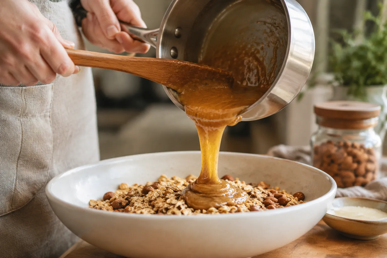 Pouring honey almond butter mixture over oats for granola bar recipe