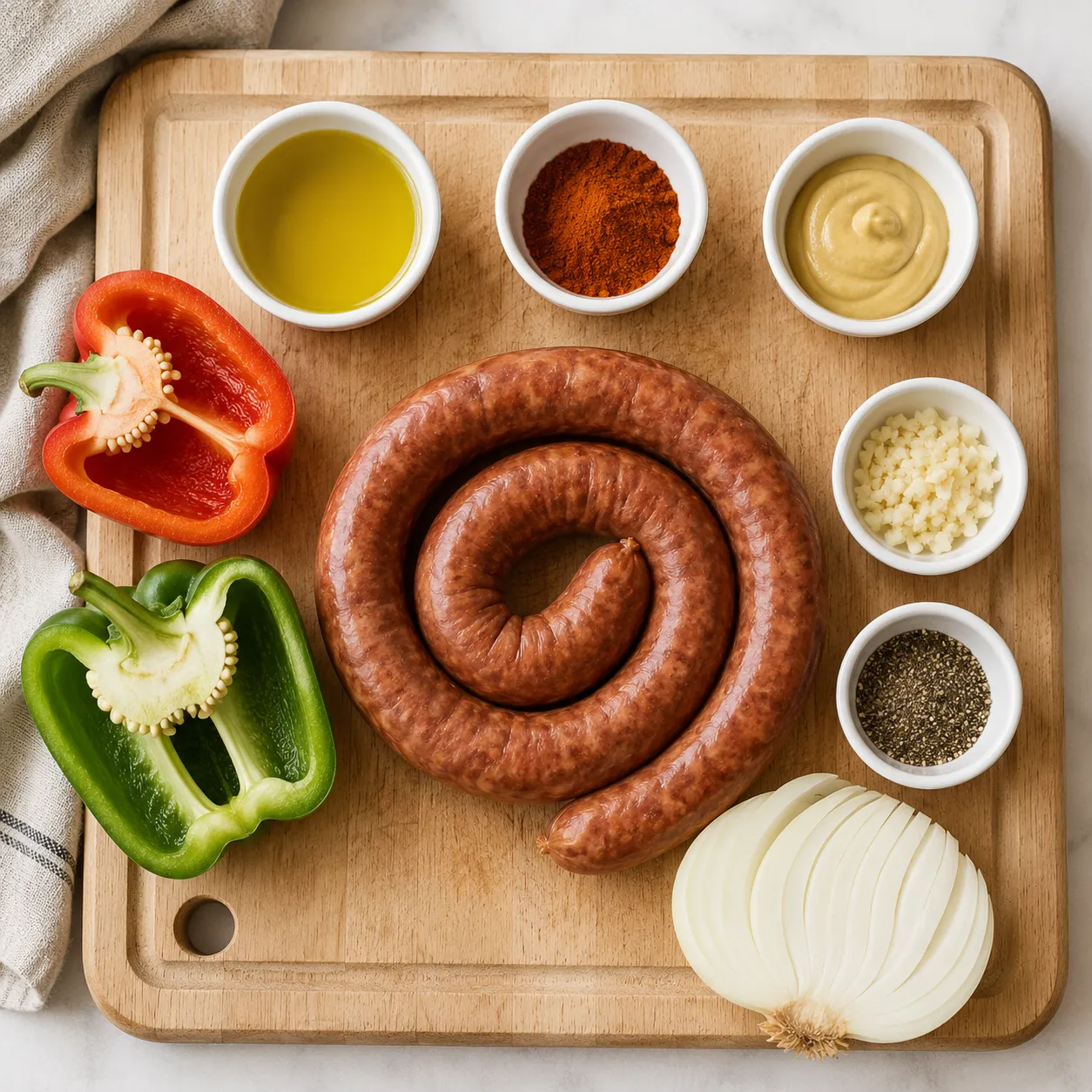 Polish sausage recipe ingredients flatlay with peppers, onions, and spices