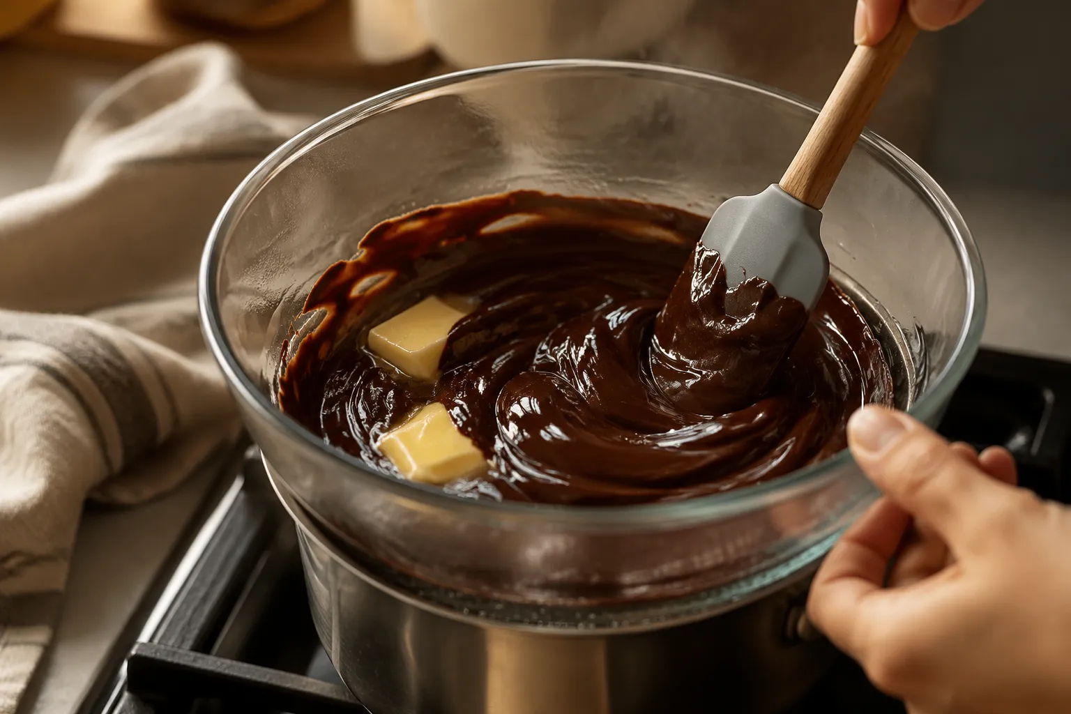 Melting chocolate and butter for brownie cookie recipe in a glass bowl