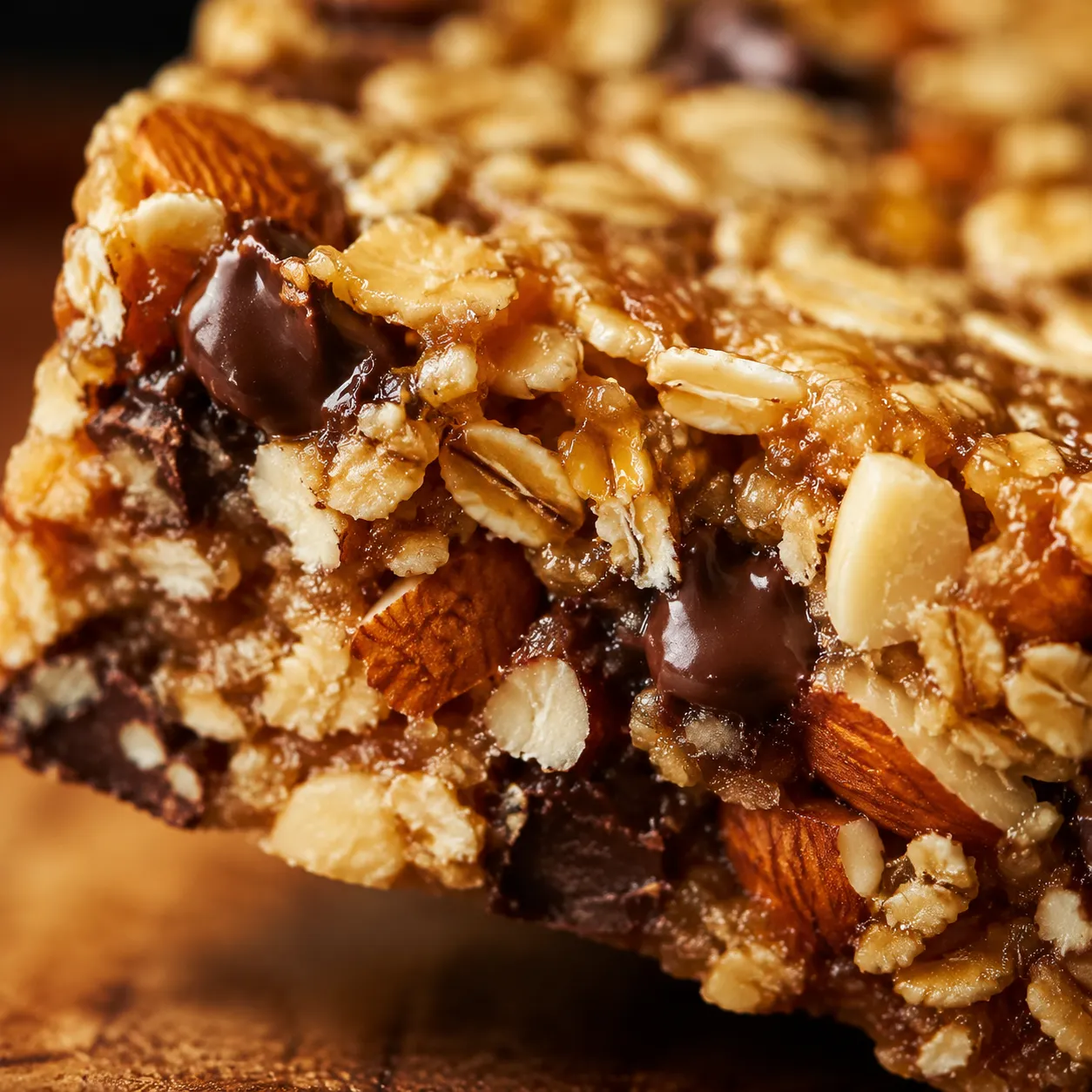 Macro close-up texture of chewy granola bar with oats and chocolate