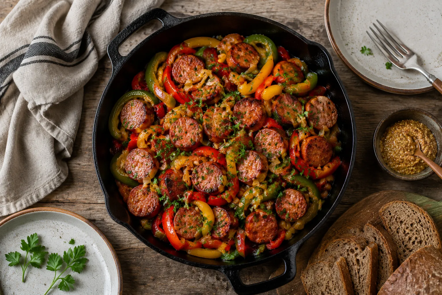 Finished Polish sausage recipe with peppers and onions in skillet