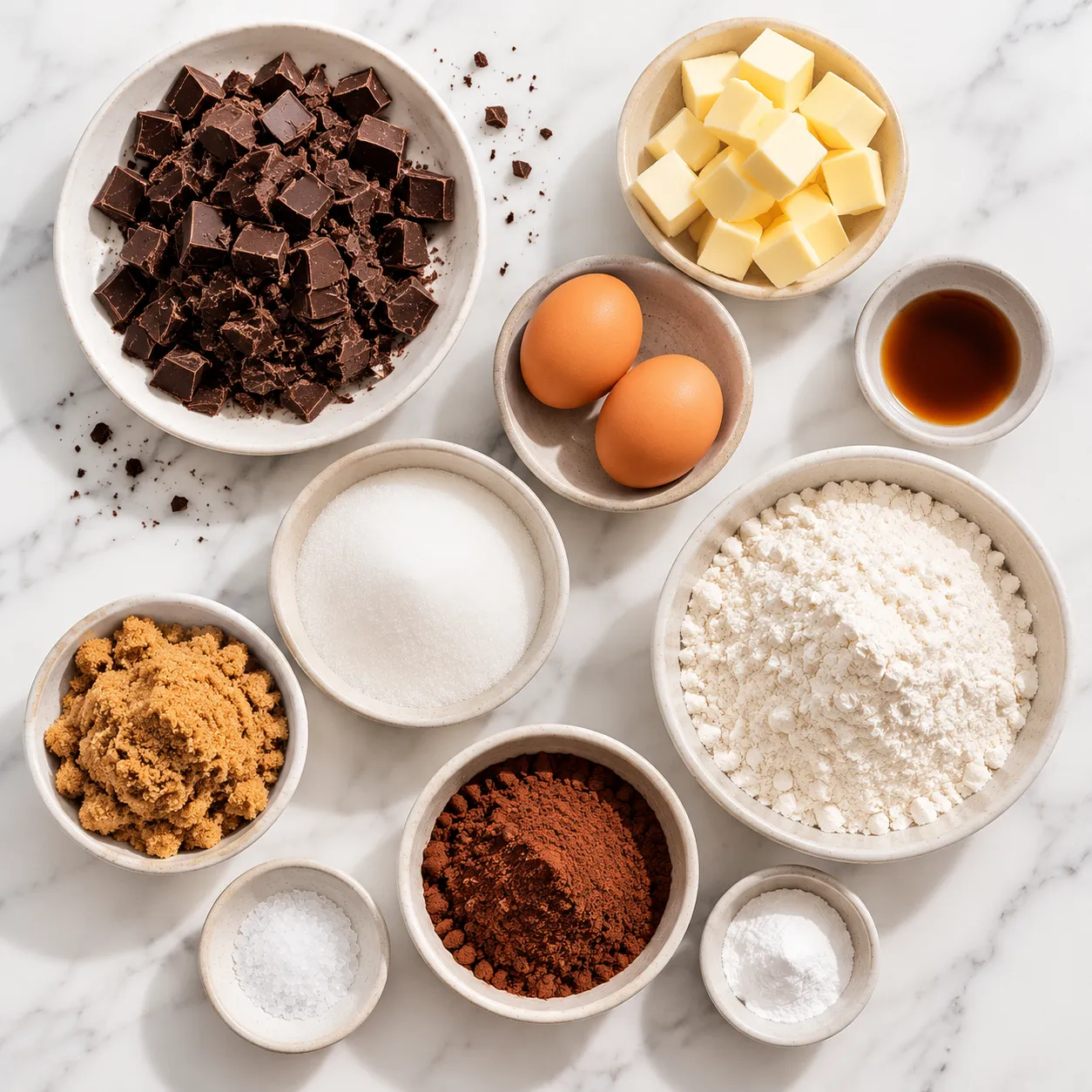Brownie cookies ingredients measured in small bowls on white marble
