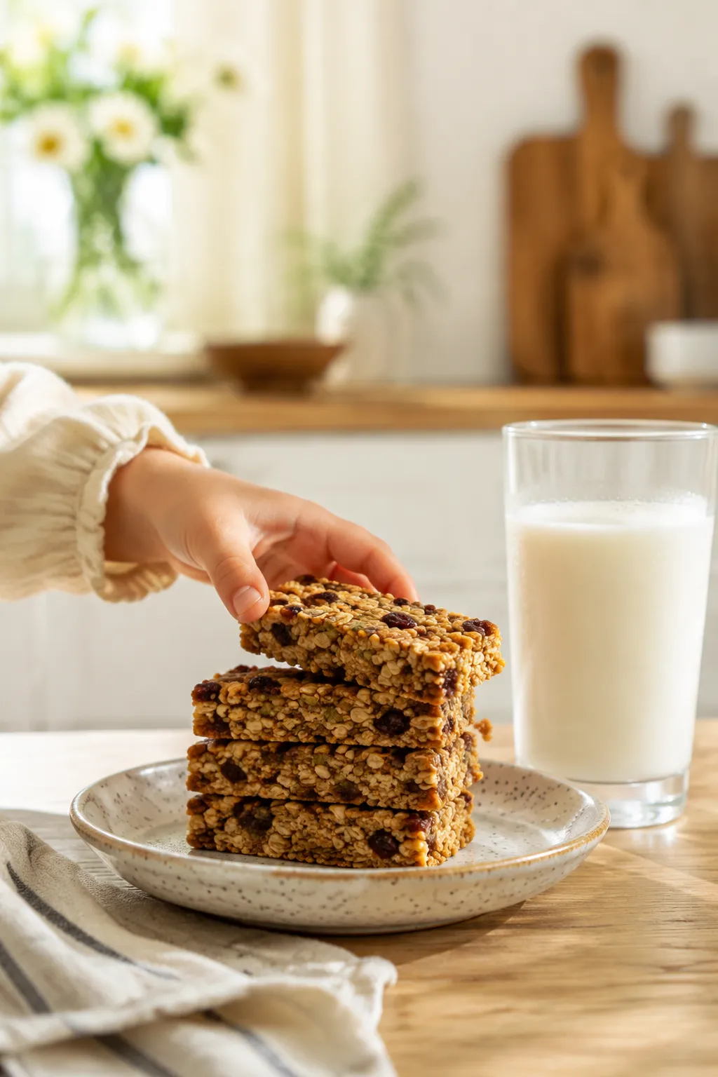 Hand grabbing a homemade granola bar with a glass of milk
