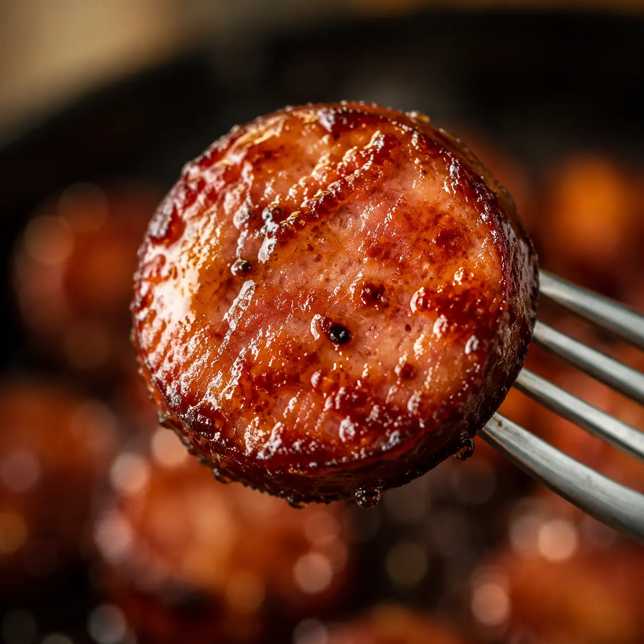 Close-up of seared Polish sausage coin with caramelized edges