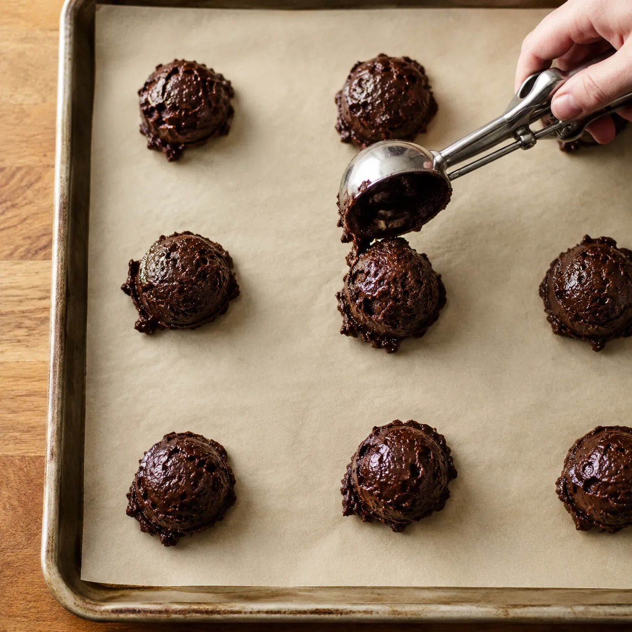 Scooping brownie cookie dough onto a parchment-lined baking sheet