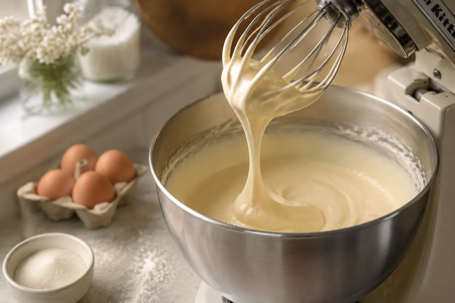 Whipped eggs and sugar at ribbon stage for crackly top brownie cookies