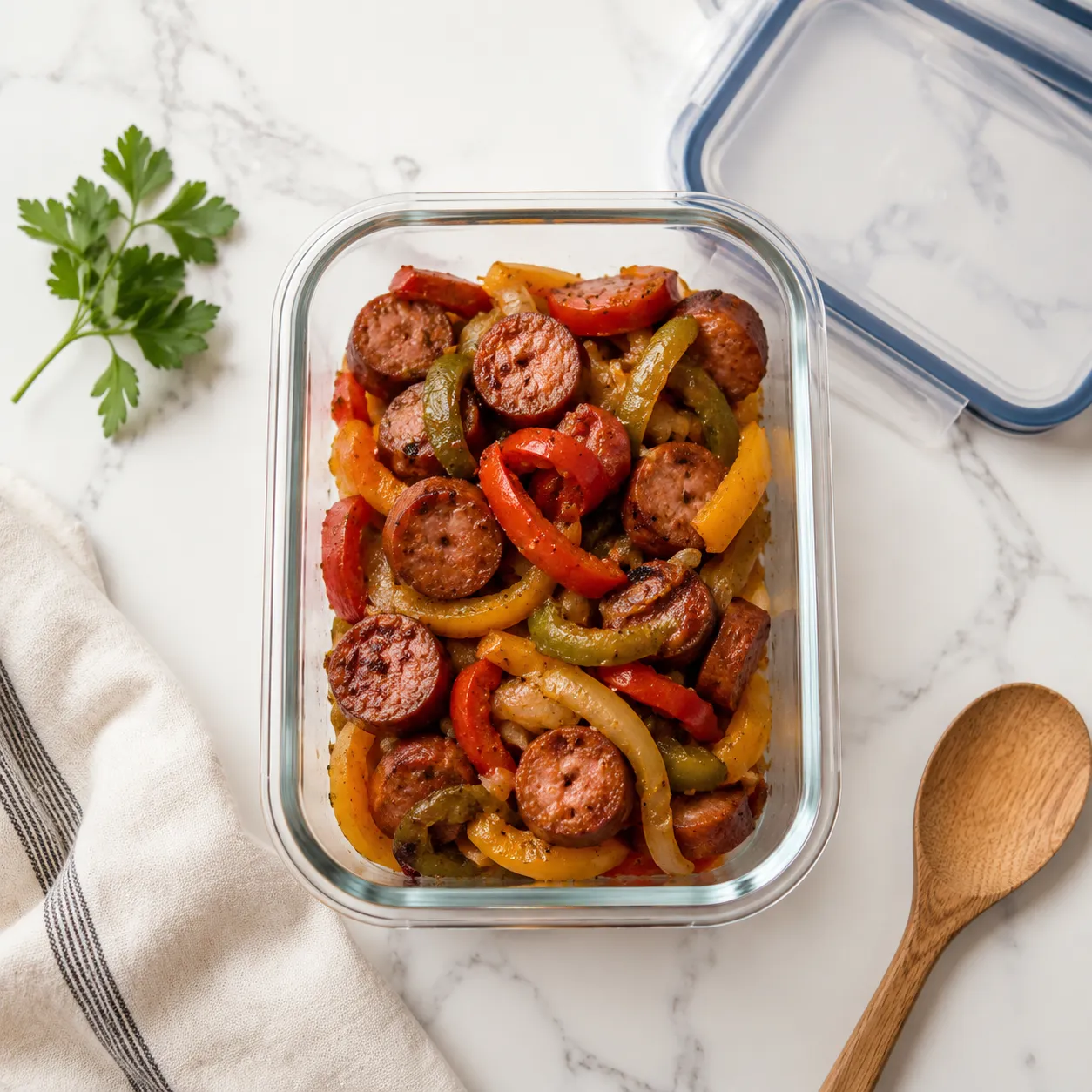 Storing leftover Polish sausage recipe in glass meal prep container