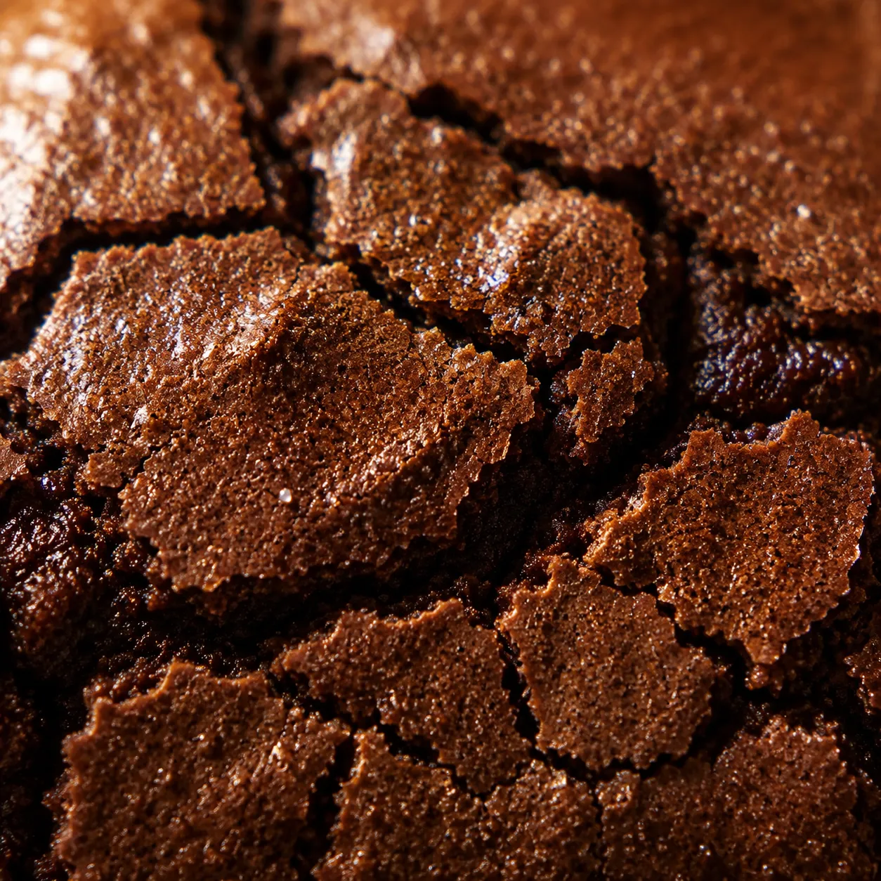 Macro close-up of crackly shiny top on a fudgy brownie cookie