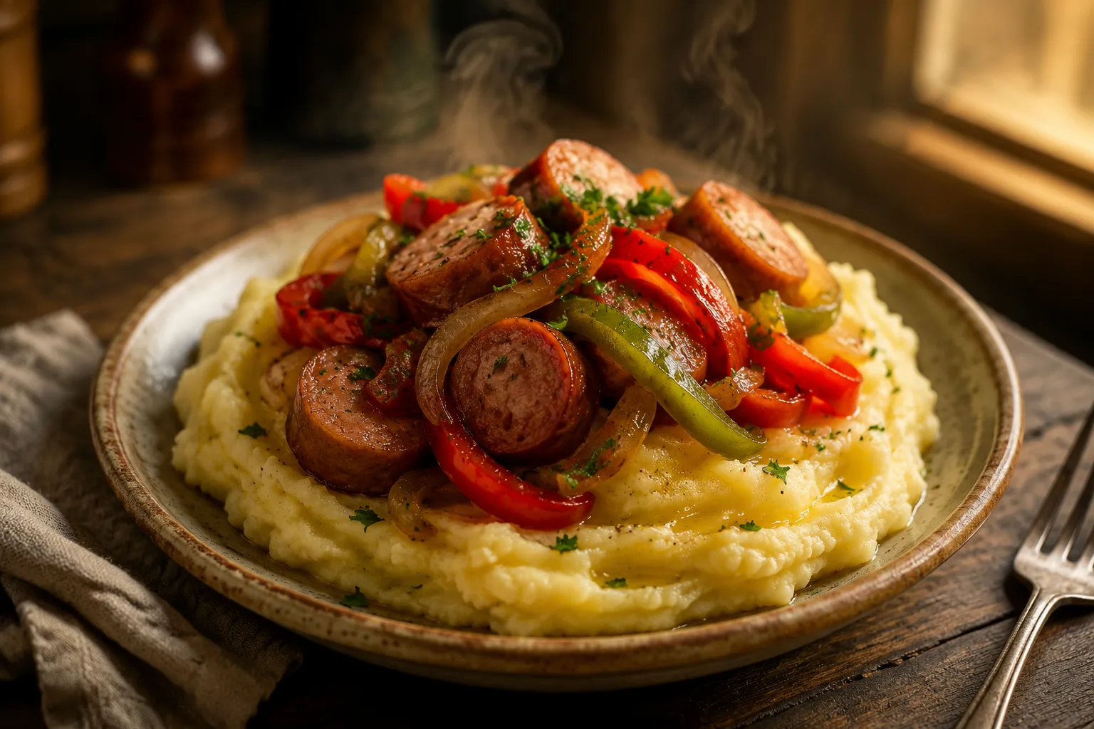 Polish sausage and peppers served over mashed potatoes