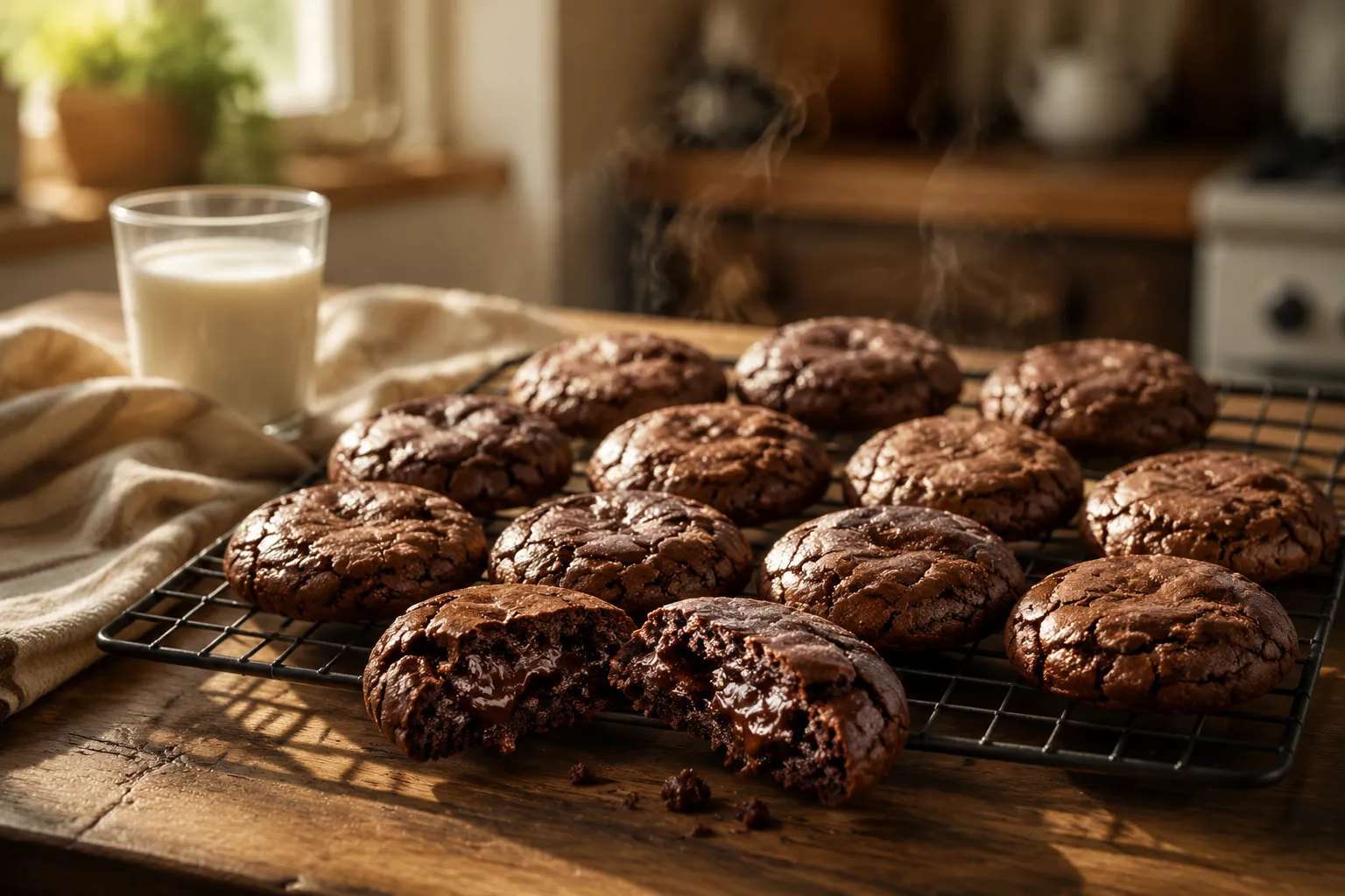 Tray of brownie cookies cooling on a wire rack with fudgy center exposed