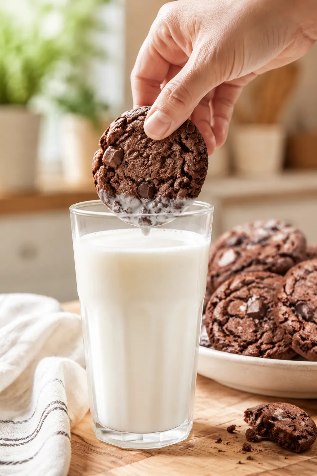 Dunking a fudgy brownie cookie into a glass of cold milk