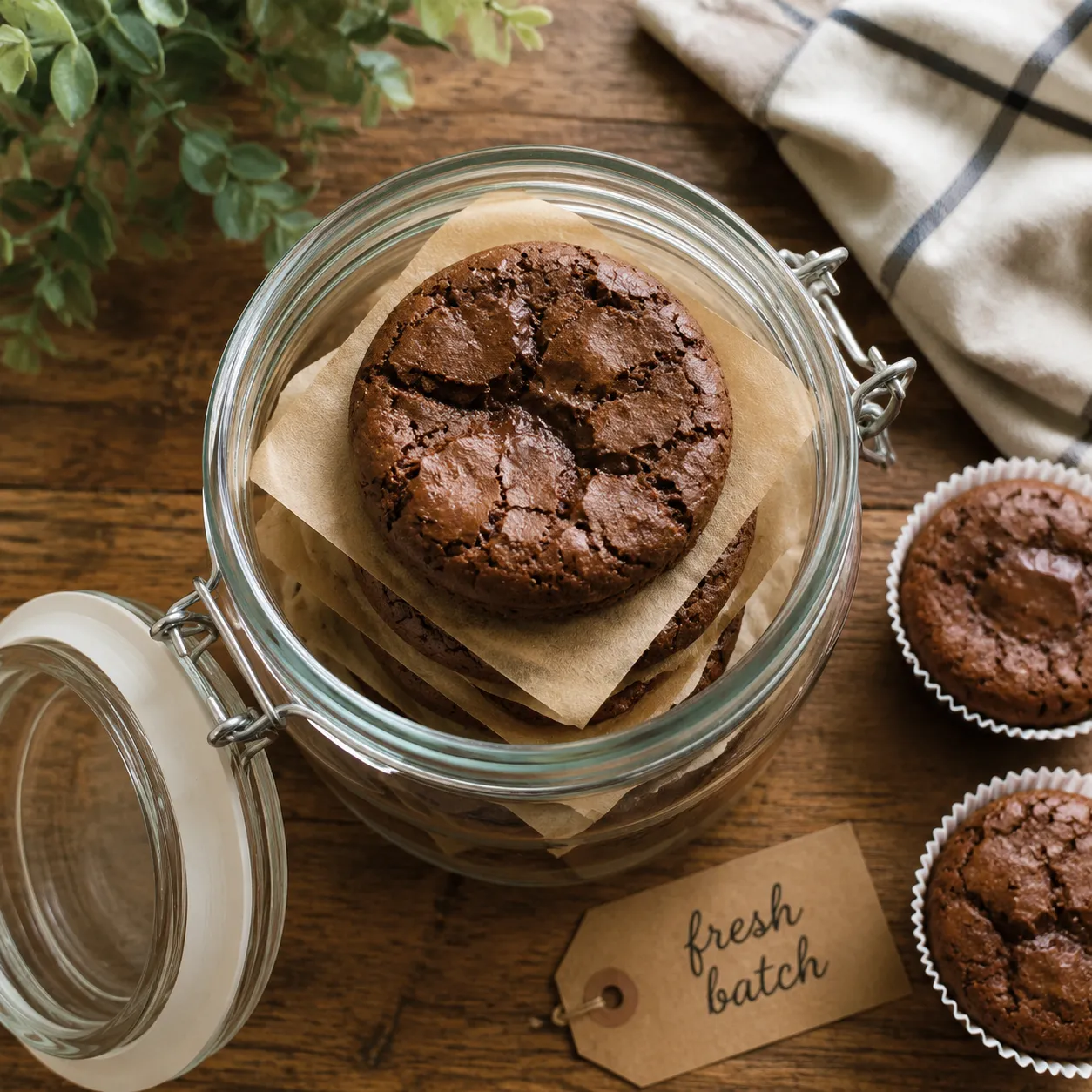Storing brownie cookies in a glass jar with brownie muffins beside
