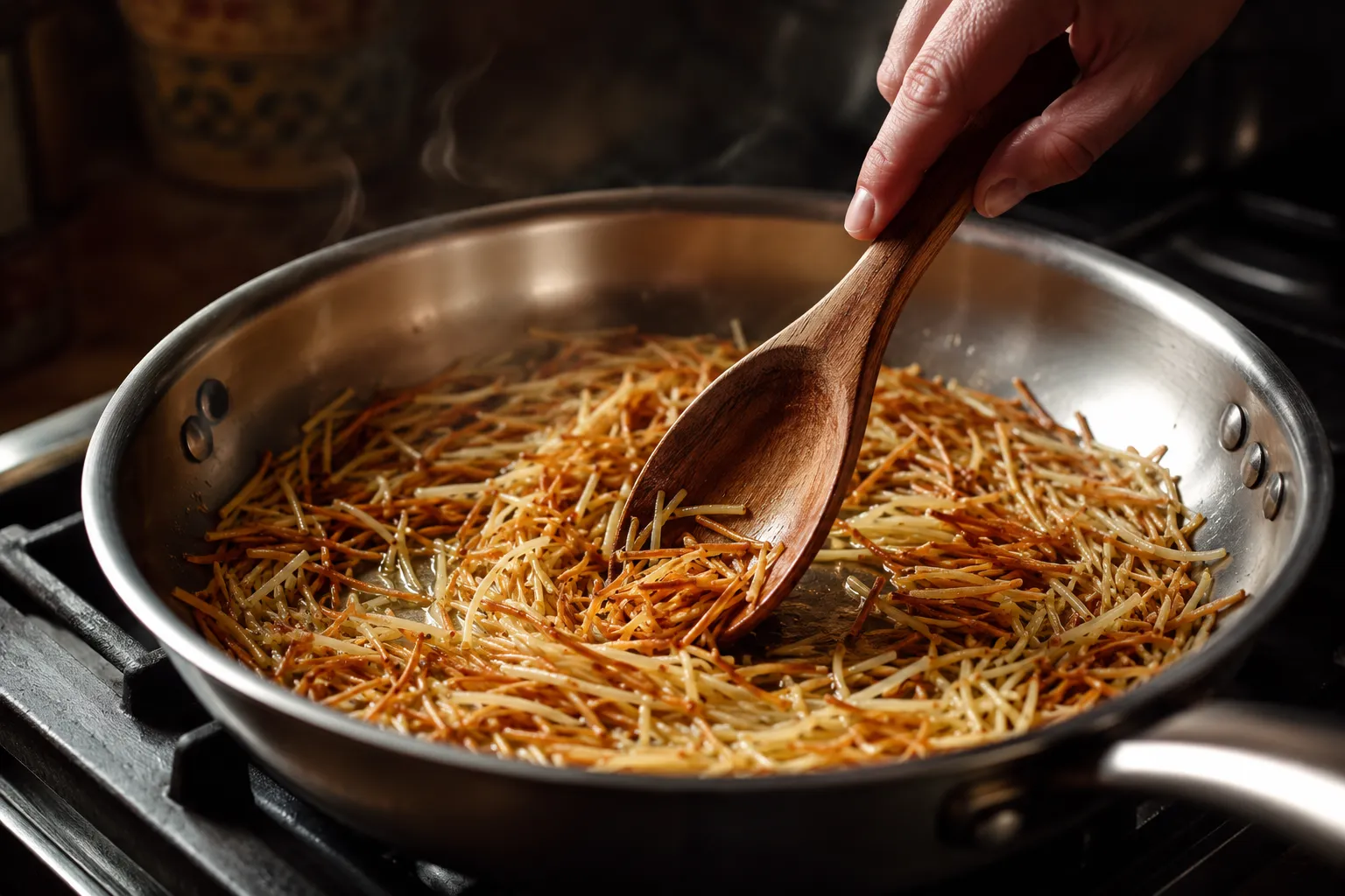 Toasting fideo noodles in a skillet until golden brown