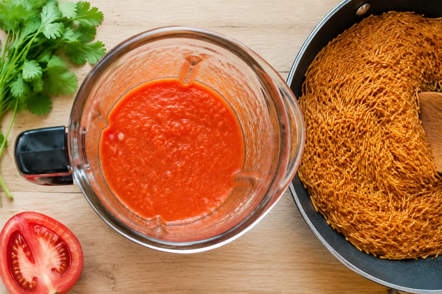 Fresh blended tomato sofrito for sopa de fideo in a blender