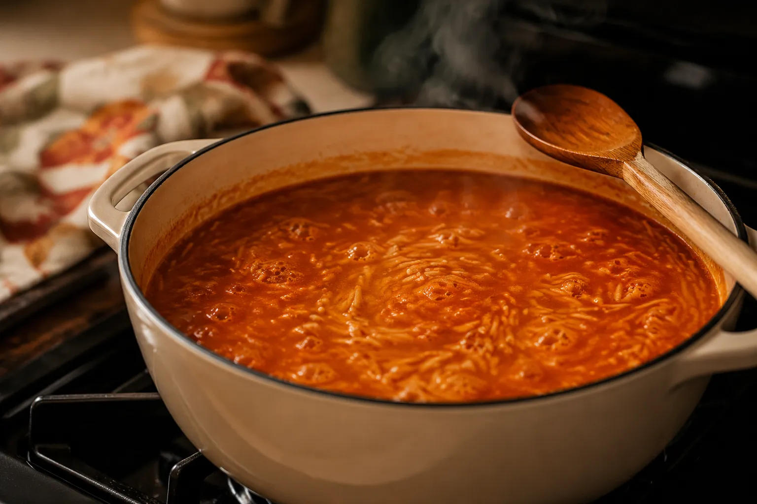 Fideo soup simmering in tomato broth in a Dutch oven