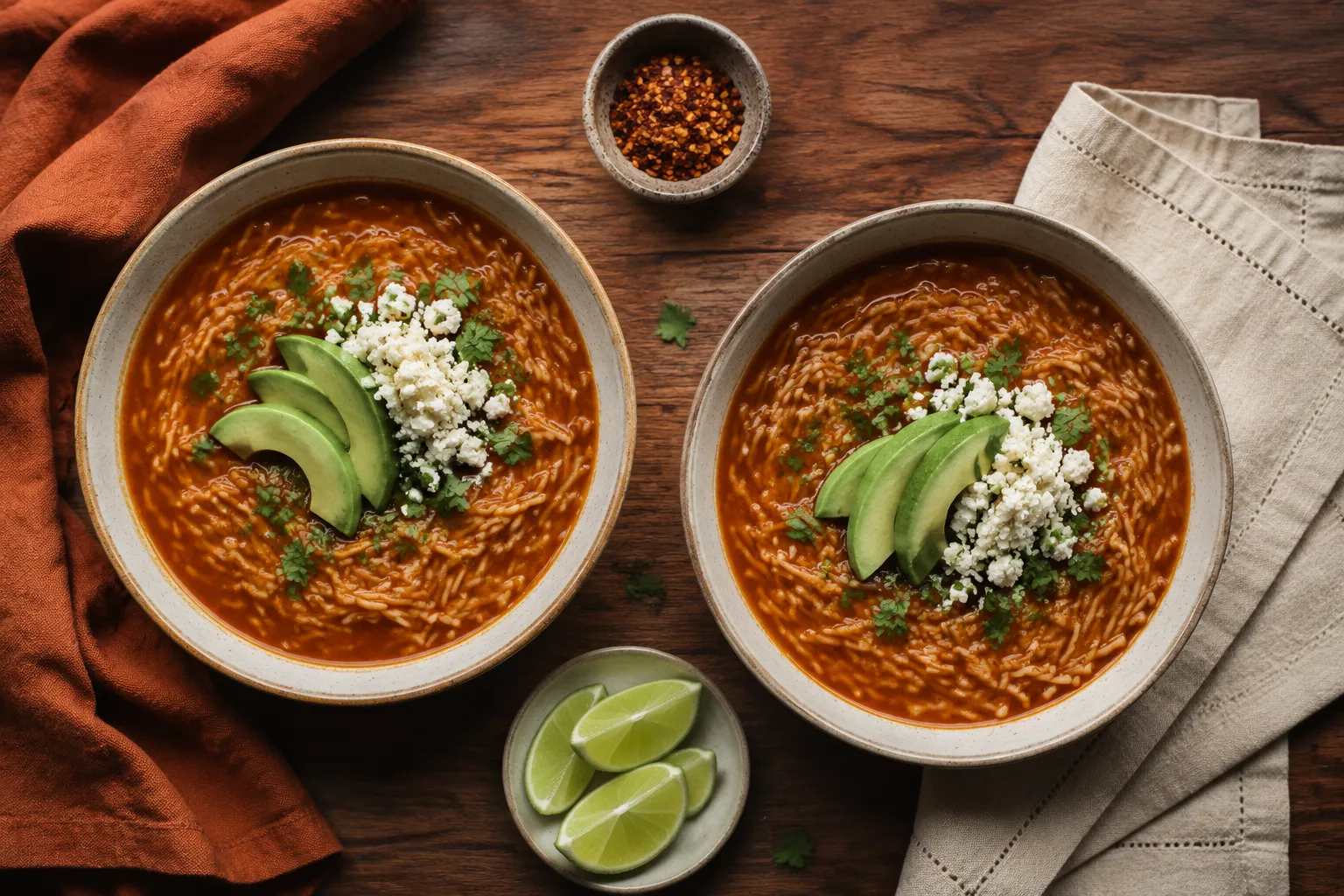 Two bowls of finished Mexican fideo soup with classic garnishes