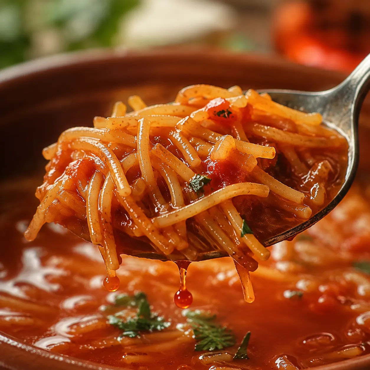 Macro close-up of fideo noodles lifted from tomato broth