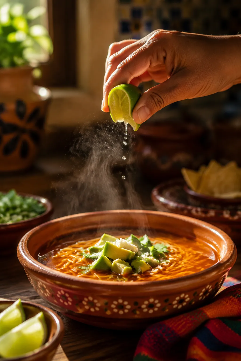Squeezing lime over a bowl of homemade fideo soup