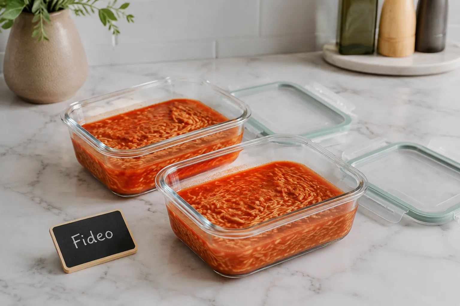 Leftover fideo soup stored in glass meal-prep containers