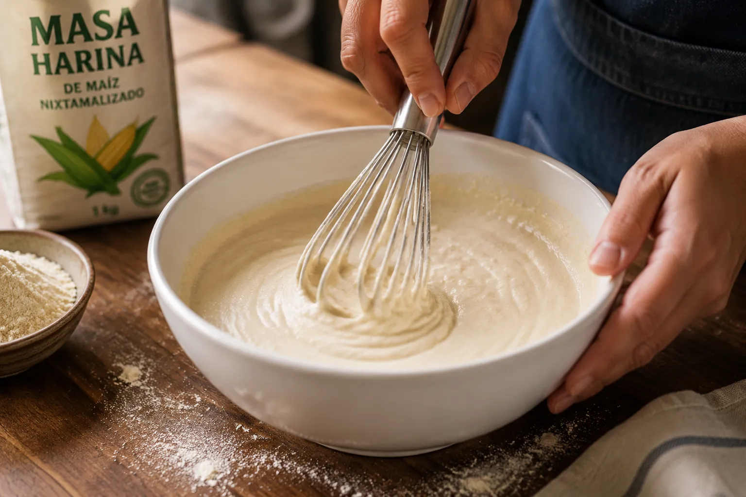 Whisking masa harina slurry for atole recipe