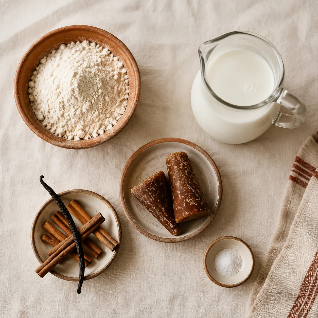 Atole ingredients flatlay with masa harina, piloncillo, and cinnamon