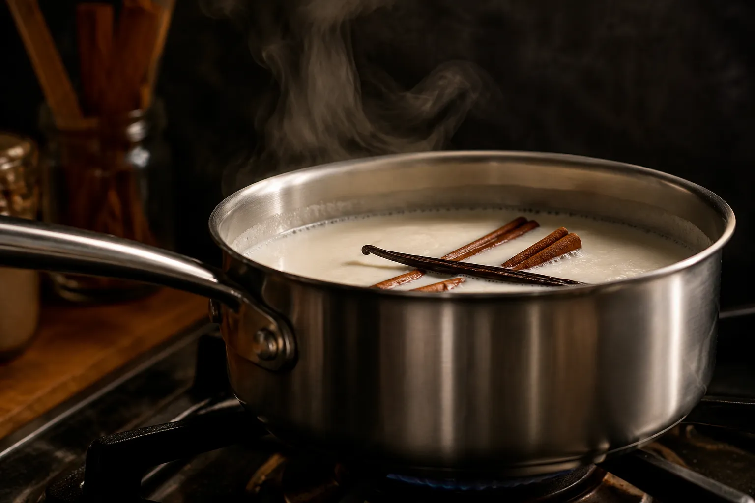 Simmering milk with cinnamon and vanilla for atole