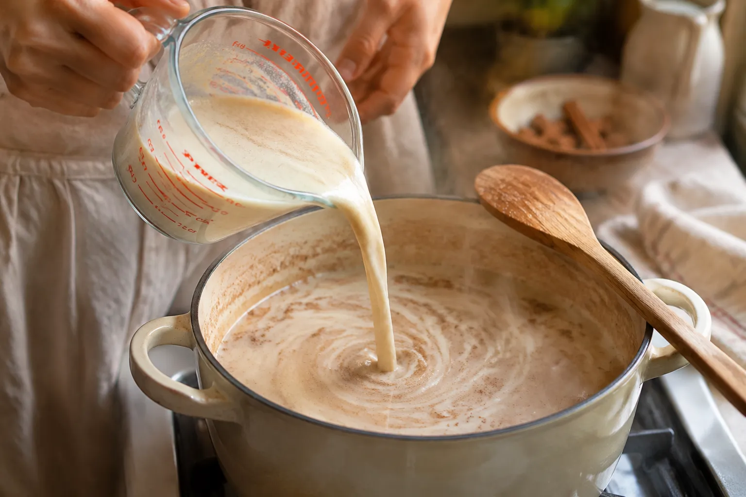 Pouring masa slurry into milk to thicken atole