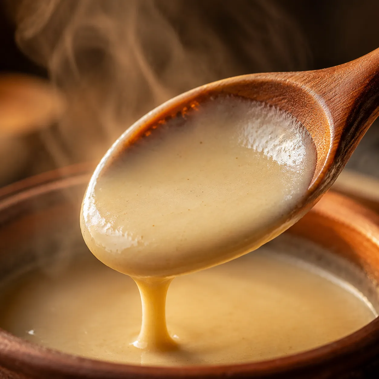 Close-up of thickened atole coating a wooden spoon