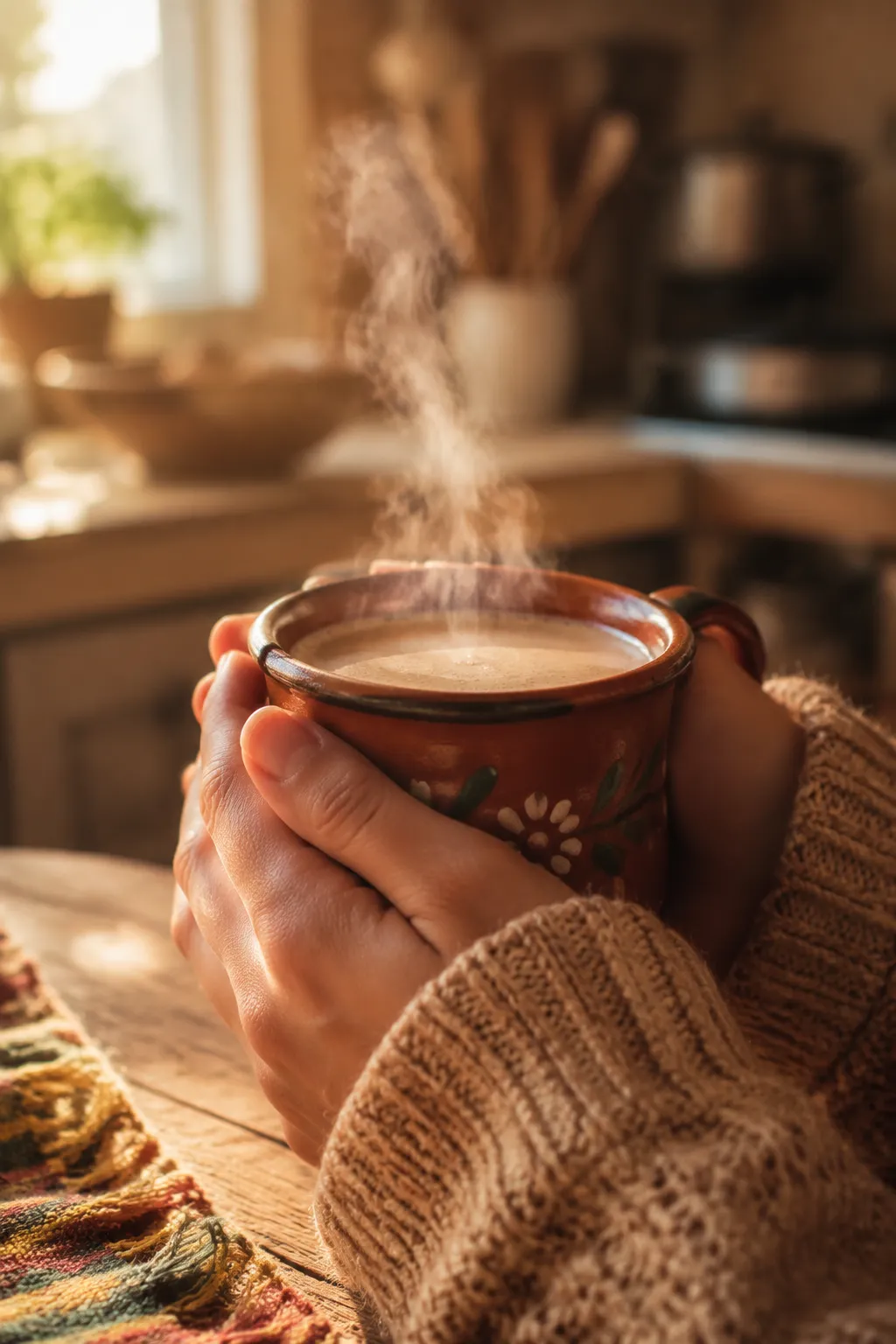 Hands holding a warm mug of atole on a cold morning
