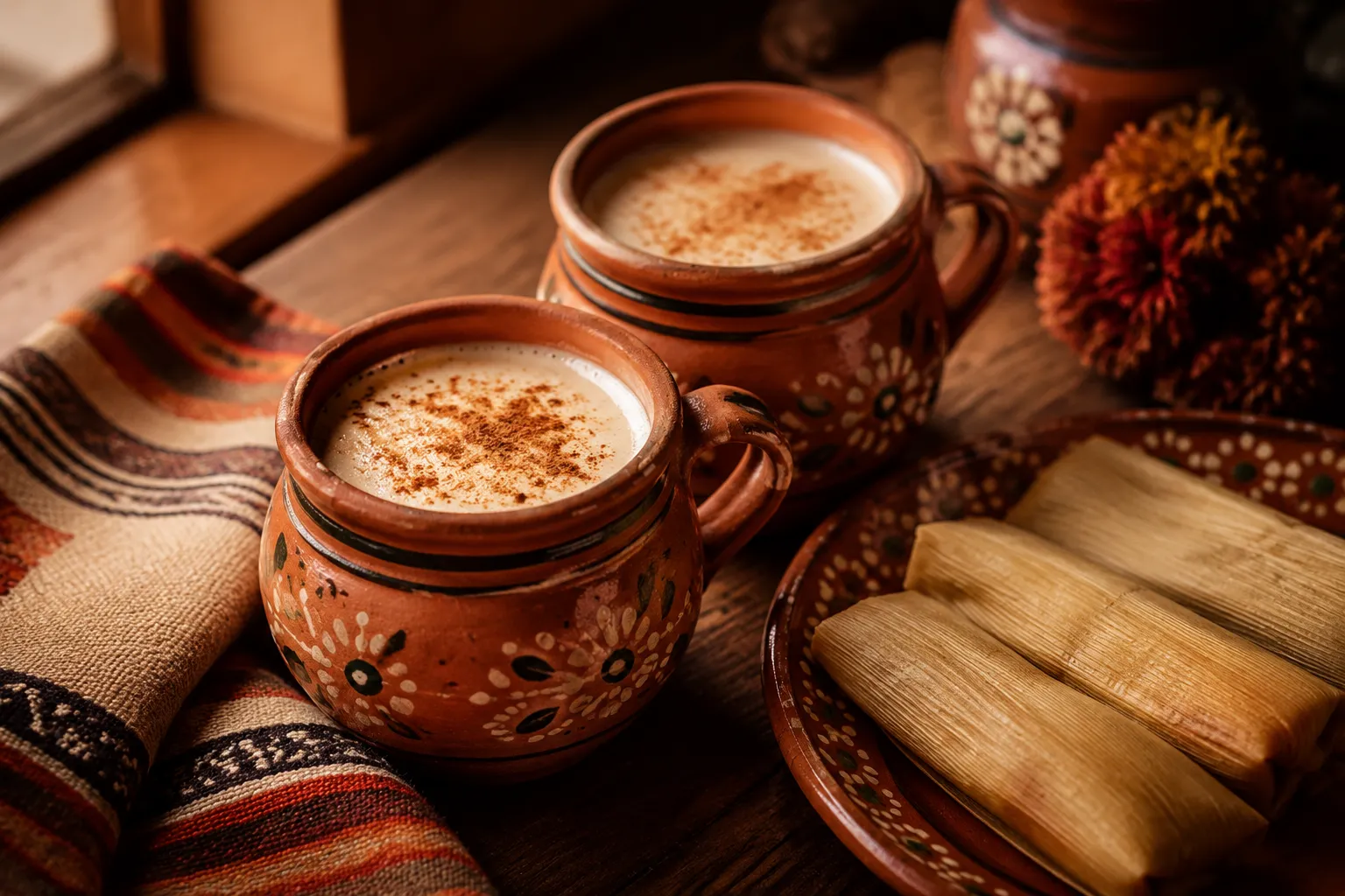Two mugs of finished atole served with tamales