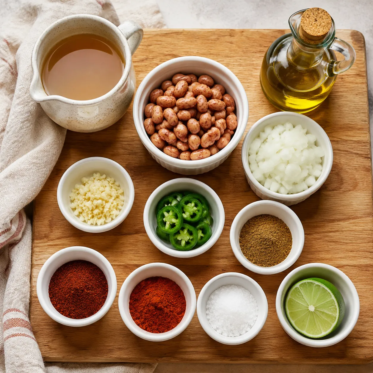 Ingredients for homemade refried beans recipe laid out on a wooden board