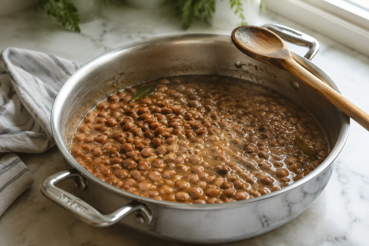 Pinto beans simmering in skillet for easy refried beans recipe