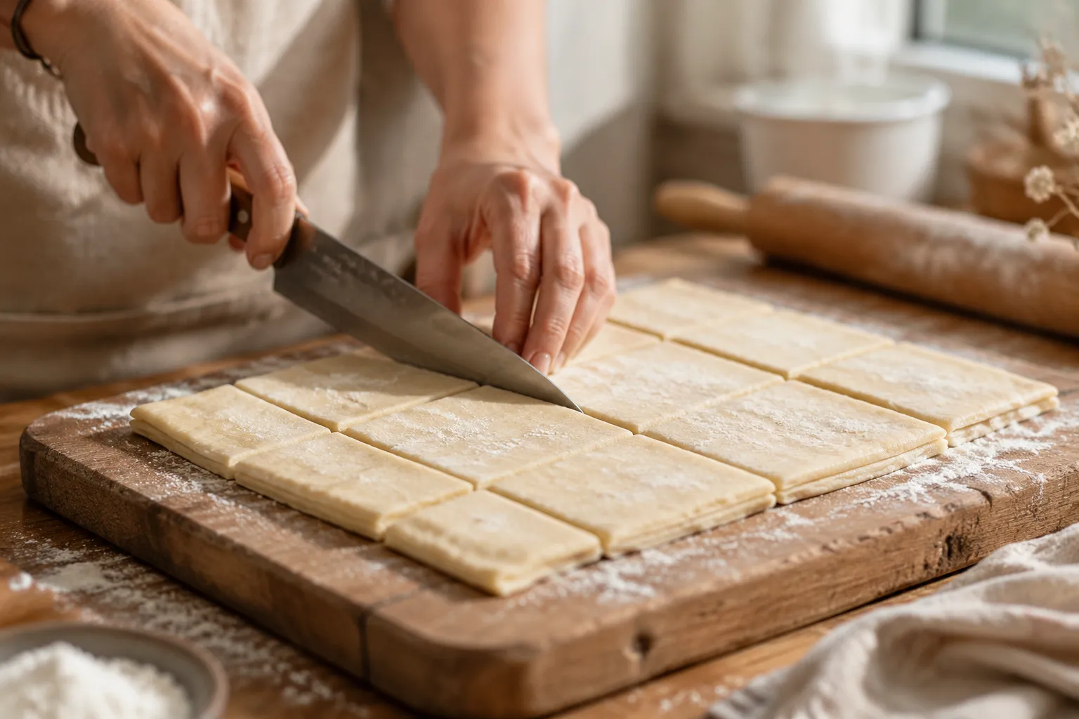 Hands cutting puff pastry squares for easy appetizers