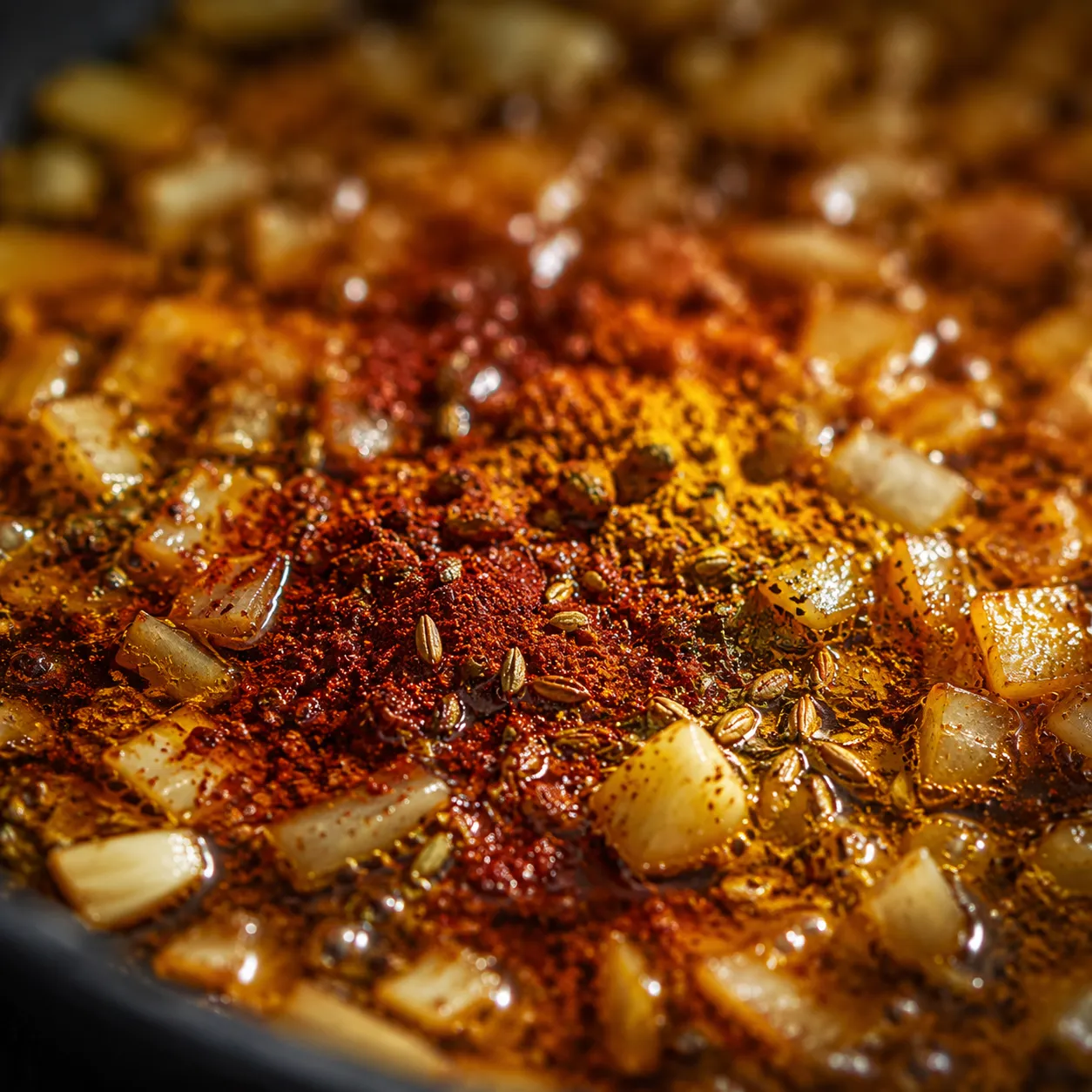 Toasted spices blooming in oil for restaurant-style refried beans