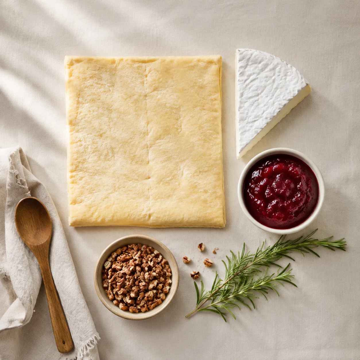 Ingredients for easy cranberry brie bite appetizers laid out on a linen surface
