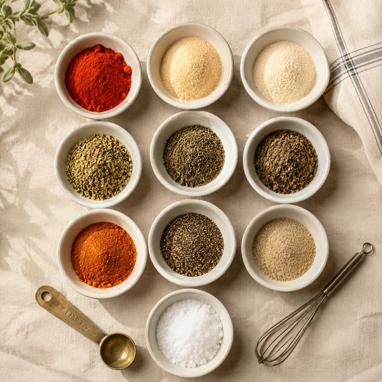 Creole seasoning ingredients flatlay with paprika garlic and herbs in white bowls