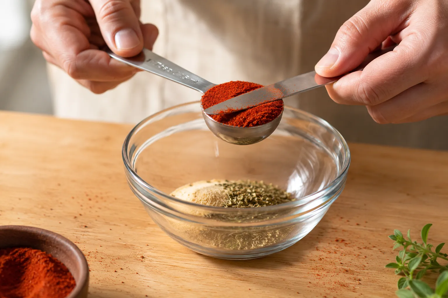 Measuring smoked paprika into a glass bowl for homemade creole seasoning
