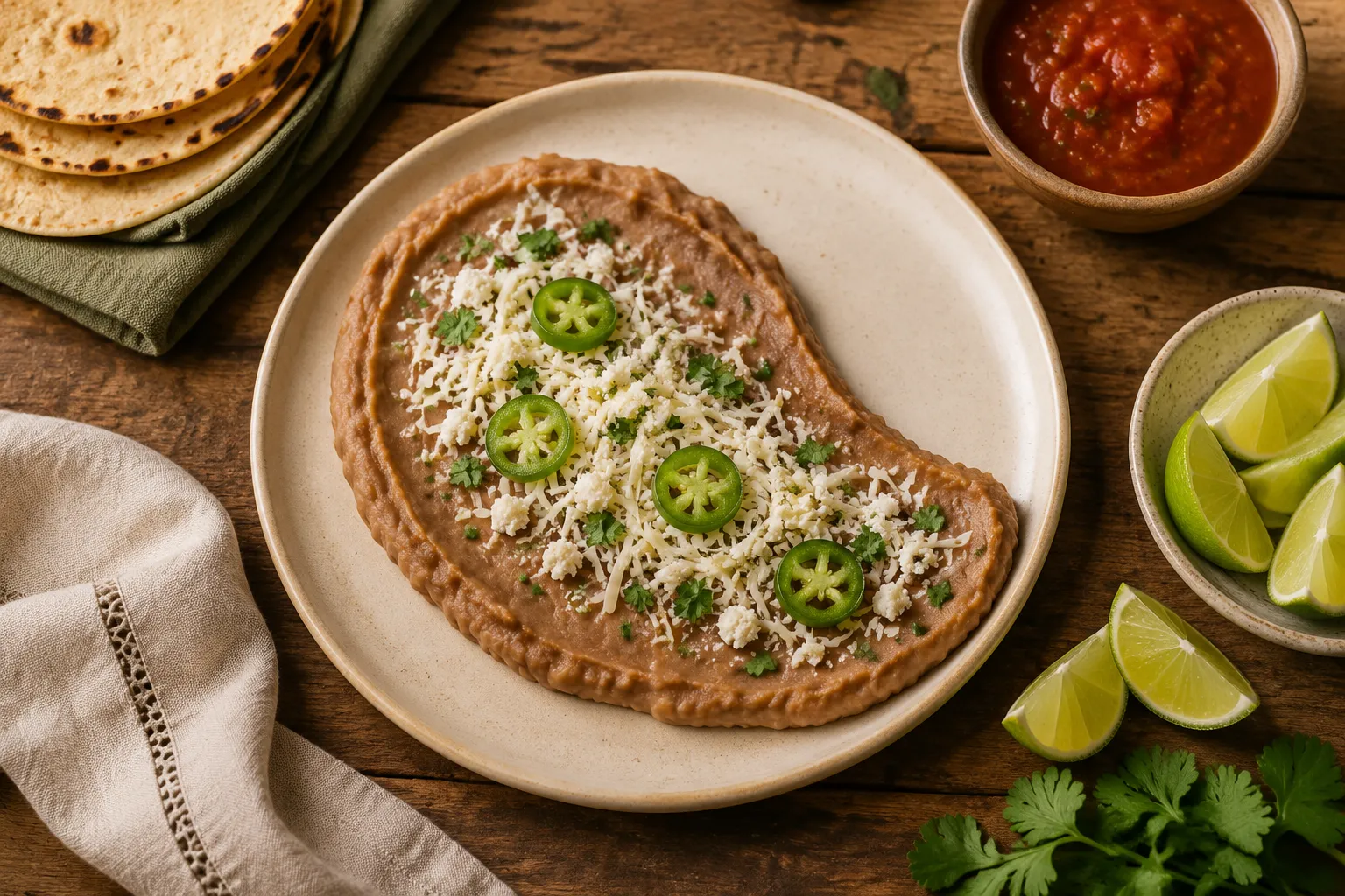 Finished refried beans recipe plated with cheese, cilantro, and tortillas